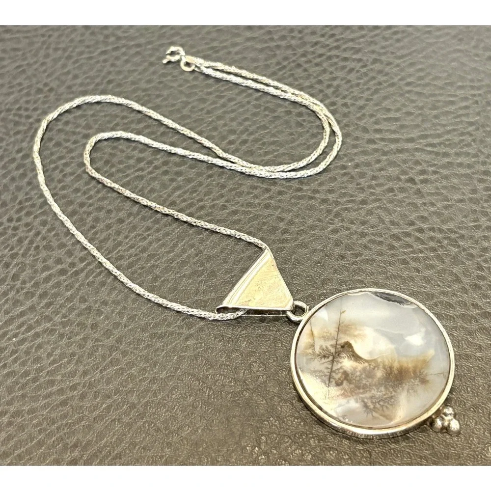 VTG Large Artisan Sterling Silver Moss Picture Agate Modernist Pendant 925 Chain